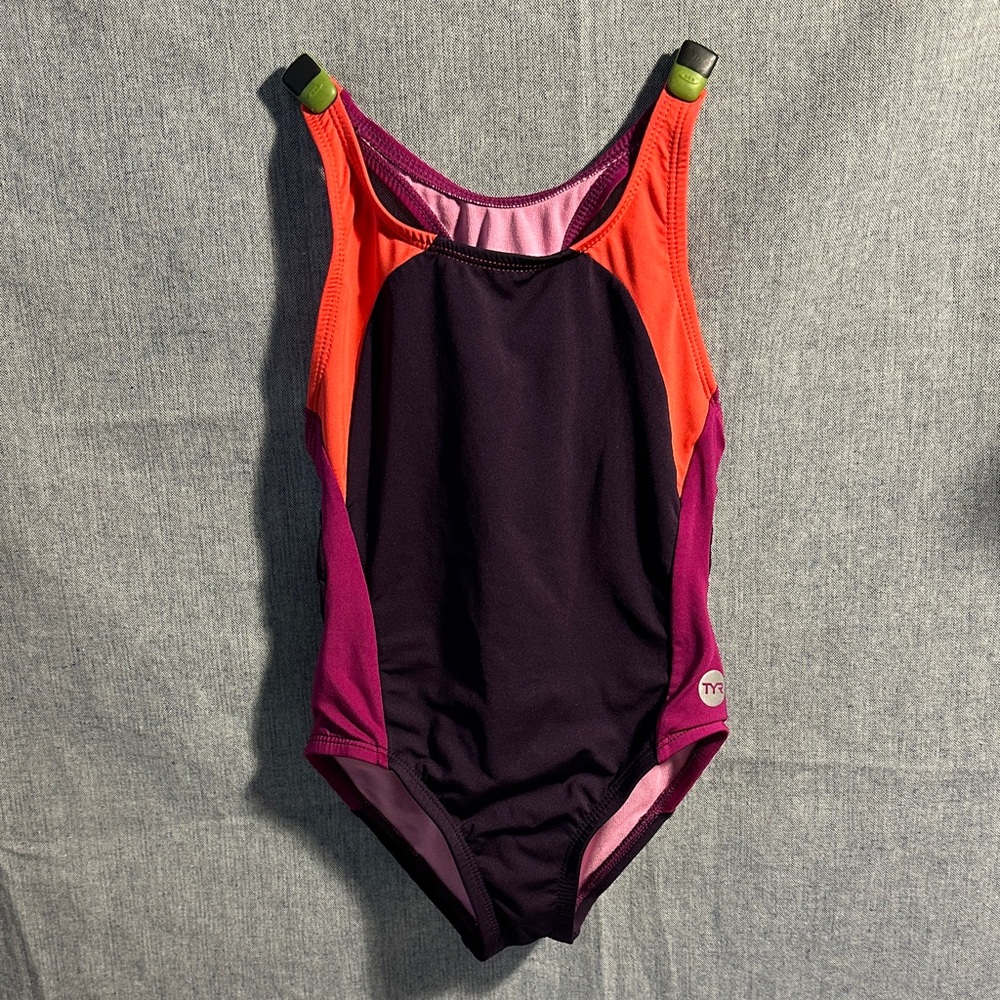 TYR Girls' Colorblock One-Piece in Black, Purple & Coral